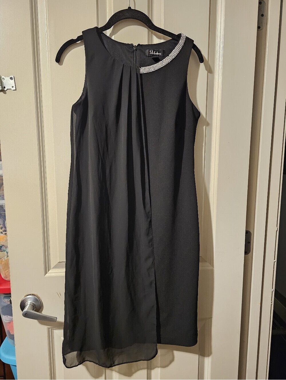 SL Fashions Black Sleeveless Midi Dress with Rhinestone Neckline